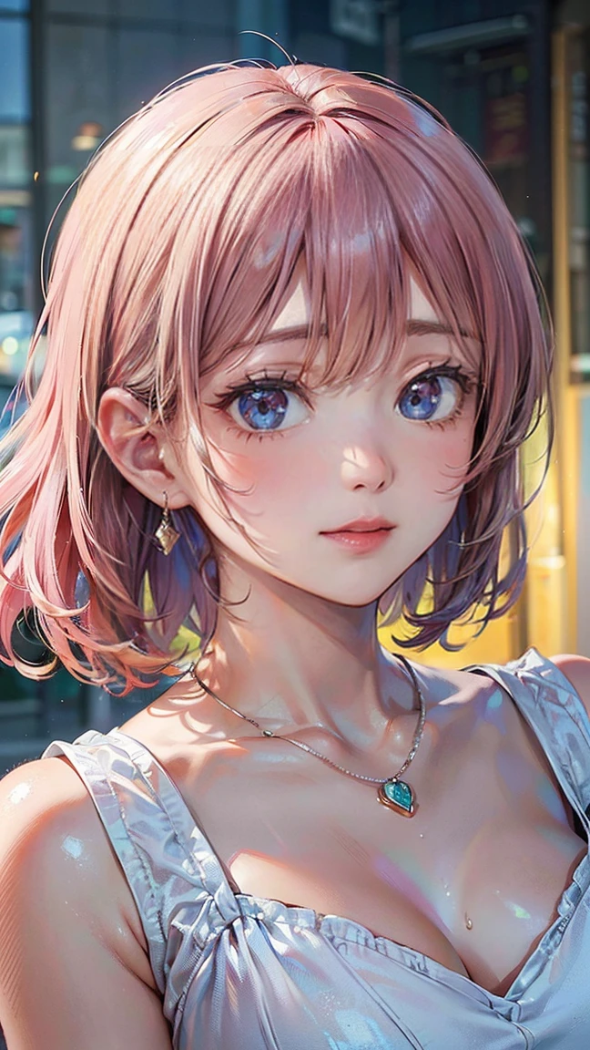 (Masterpiece, BestQuality:1.3), (ultra detailed:1.2), (hyperrealistic:1.3), (RAW photo:1.2), High detail RAW color photo, professional photograph, (Photorealistic:1.4), (realistic:1.4), professional lighting, perfect anatomy, (Big Breasts:1.2), (blush, detailed face), (A happy smile:1.7), Trending Hair&Trending Hairカラーをランダムに, earrings, necklace, bracelet, sexly, erotic sexly, Random sexy gravure poses, (Woman in white dress、海辺を散歩しながらA happy smileでセクシーなポーズをとっている。Straight pink hair fluttering in the wind。:1.3)