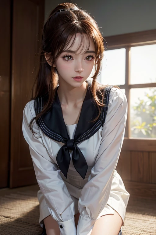 (highest quality, 4k, High resolution, masterpiece:1.2), Super detailed, (anime, animeスタイル:1.37), cinematic light, Bright colors and mesmerizing effects, Soft and delicate lighting, gentle shine, Lens flare, The whole scene has a beautiful and gentle atmosphere., 1 female, jk, (brown hair, ponytail, reddish brown eyes), happy expression, (Super detailedな顔, Detail of very soft lips, fine eyes, double eyelid, kneel down:1.5, black socks, Hands in the crotch, cowboy shot, sailor suit, shiny skin, perfect fingers, five fingers, anatomically correct, background bokeh, 135㎜, f/2.8, photo shoot,
