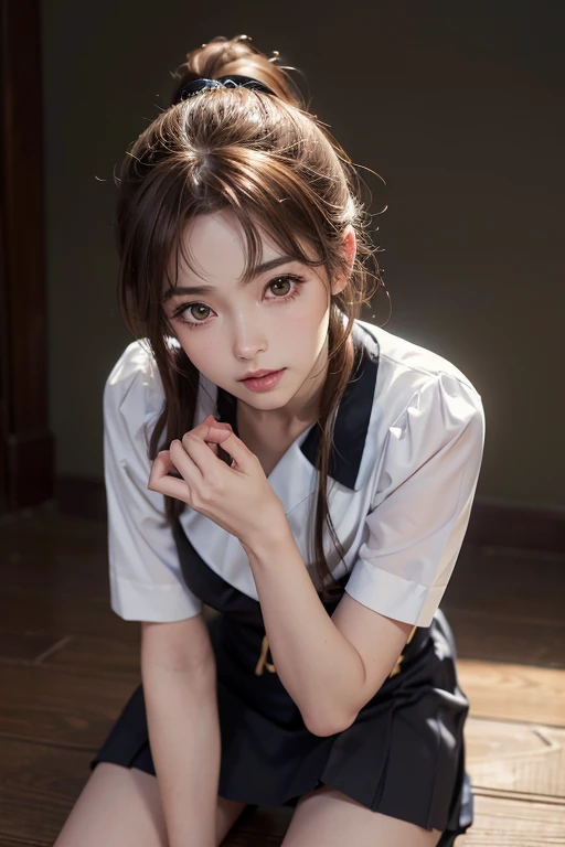 (highest quality, 4k, High resolution, masterpiece:1.2), Super detailed, (anime, animeスタイル:1.37), cinematic light, Bright colors and mesmerizing effects, Soft and delicate lighting, gentle shine, Lens flare, The whole scene has a beautiful and gentle atmosphere., 1 female, jk, (brown hair, ponytail, reddish brown eyes), happy expression, (Super detailedな顔, Detail of very soft lips, fine eyes, double eyelid, kneel down:1.5, black socks, Hands in the crotch, cowboy shot, sailor suit, shiny skin, perfect fingers, five fingers, anatomically correct, background bokeh, 135㎜, f/2.8, photo shoot,