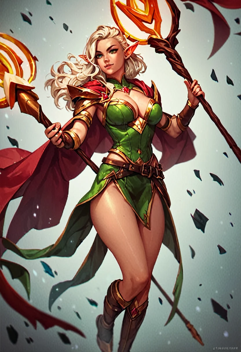 score_9, score_8_up, score_7_up, score_6_up, score_5_up, score_4_up, source_anime, medium shot, sexy female elf warrior wizard, holding power staff, using magic,