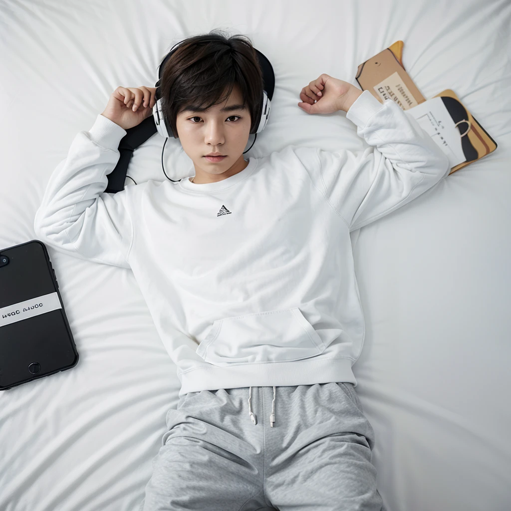 Cute young Korean boy lying in bed listening to music with his headphones, He is wearing a white sweatshirt and baggy pants..