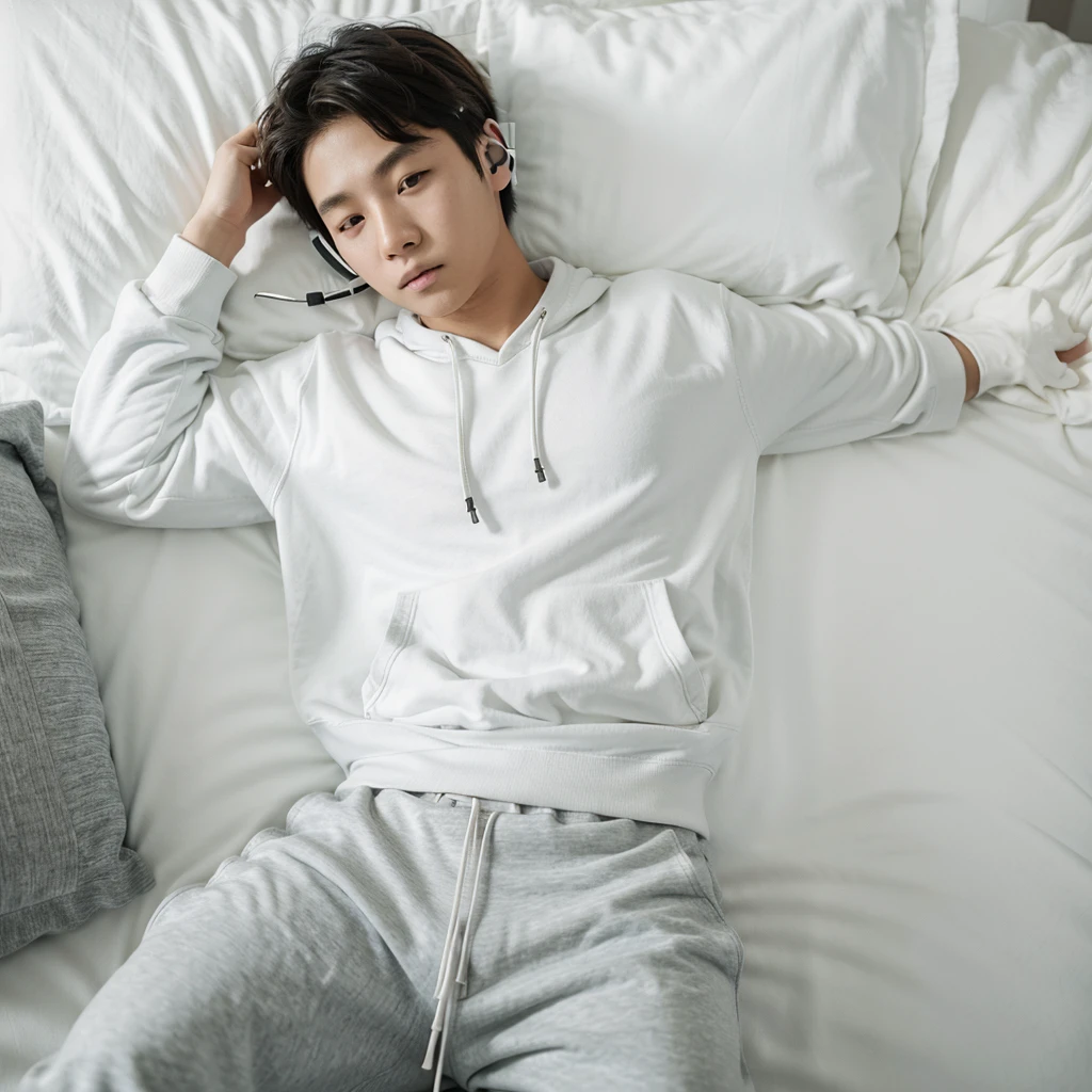 Cute young Korean boy lying in bed listening to music with his headphones, He is wearing a white sweatshirt and baggy pants..