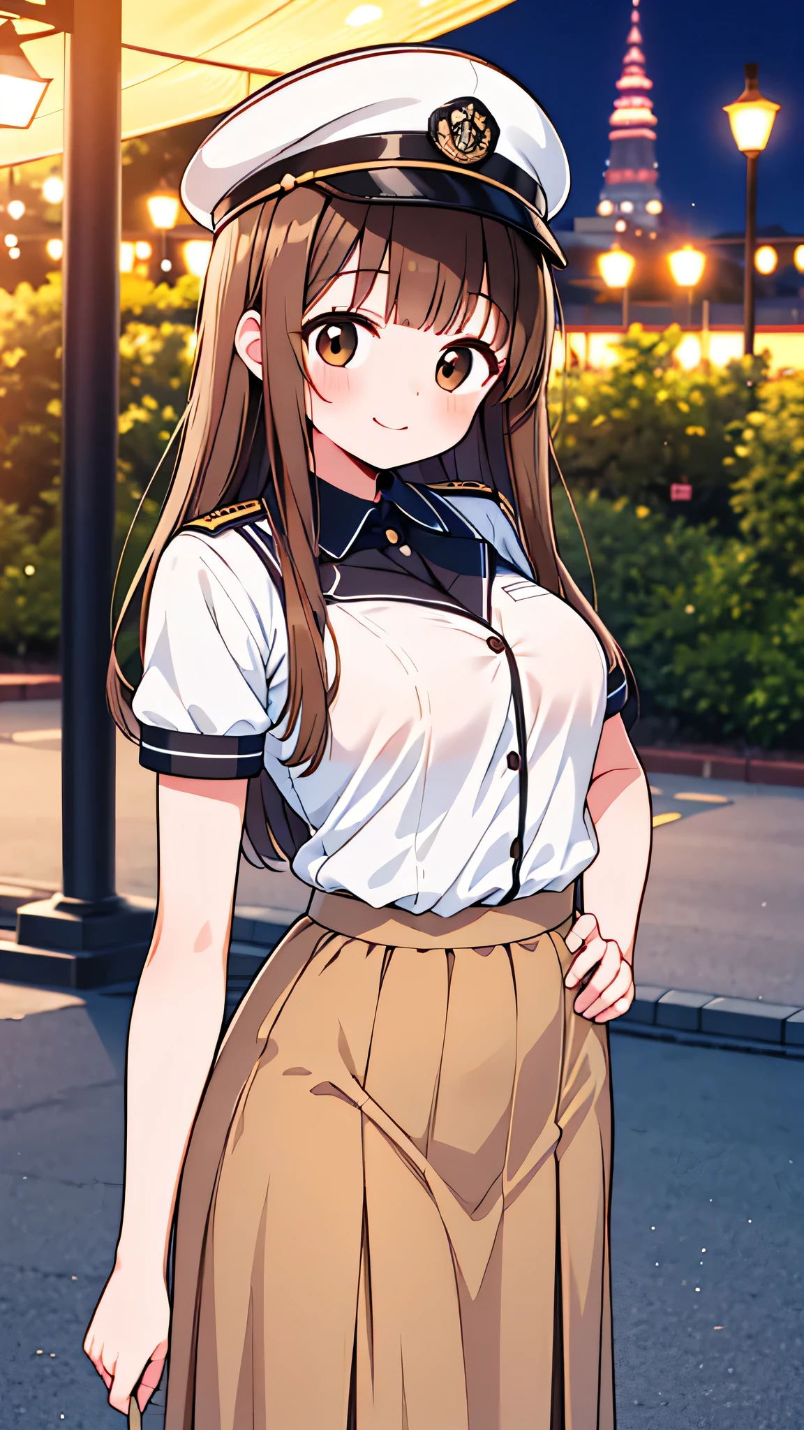 {Highest quality], [Super beautiful], [Ultra fine], [Best illustration], NSFW,Brown Hair, Hime cut, Long Hair, With bangs, girl, Uniform cap,Security uniform, Smile,blush, Slender women,Short sleeve,Long straight skirt, Adult women,(Public）Night Park, Strike a Pose,Woman Close-up
