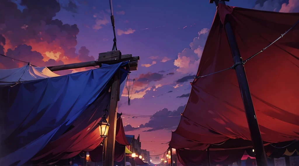 (under tarp canopy, wooden pole, under the market tents, under the canopies), wire, buildings roofs farr away, low angle, dawn sky, daybreak,