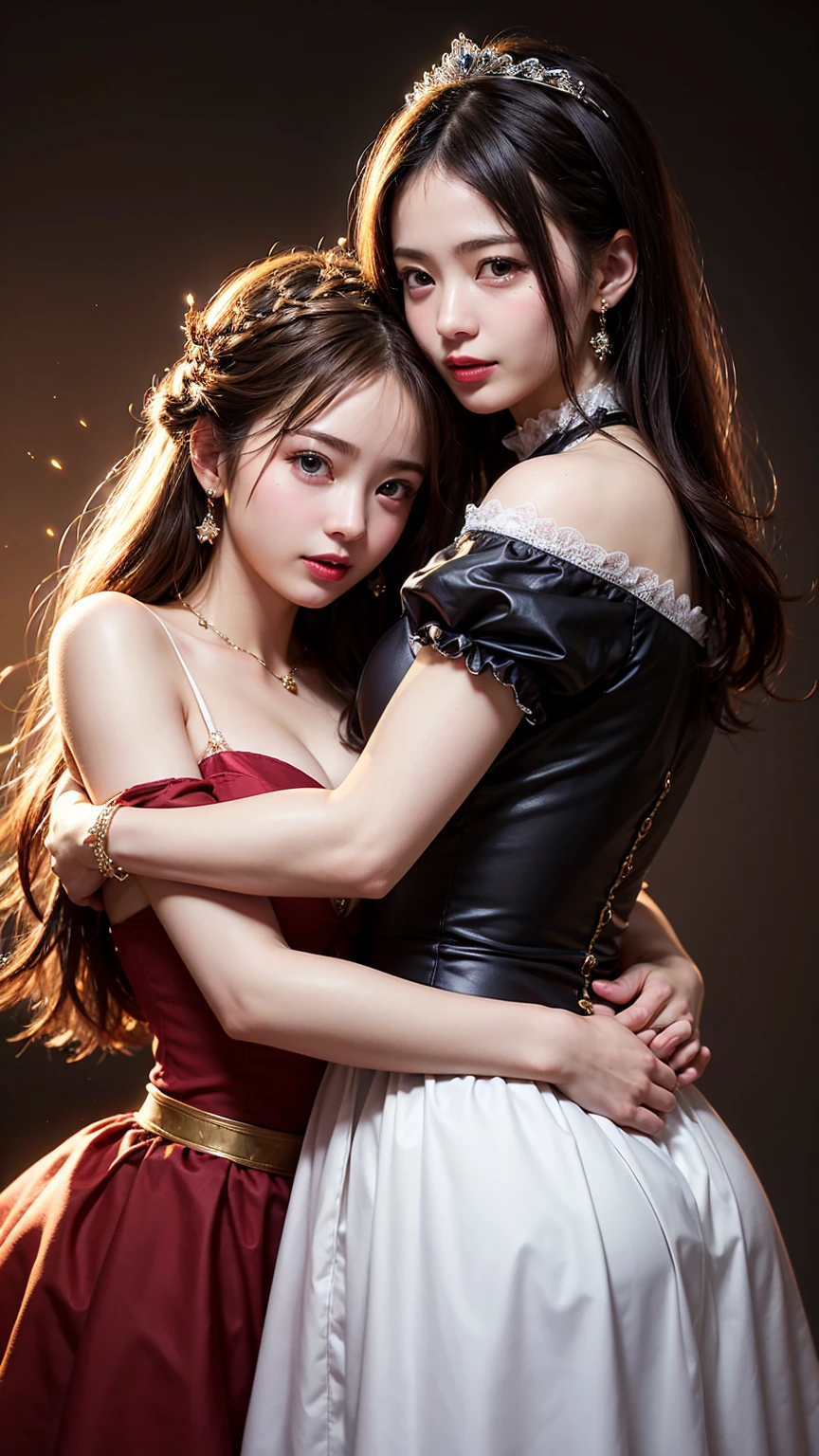 young woman, Olhar Telescope, (masterpiece), (HighestQuali), two girls is deeply in love with each other, kiss, Paint oil, Realistic oil painting, bust, clear details, high realism, clothing style of the era, (perfect anatomy)