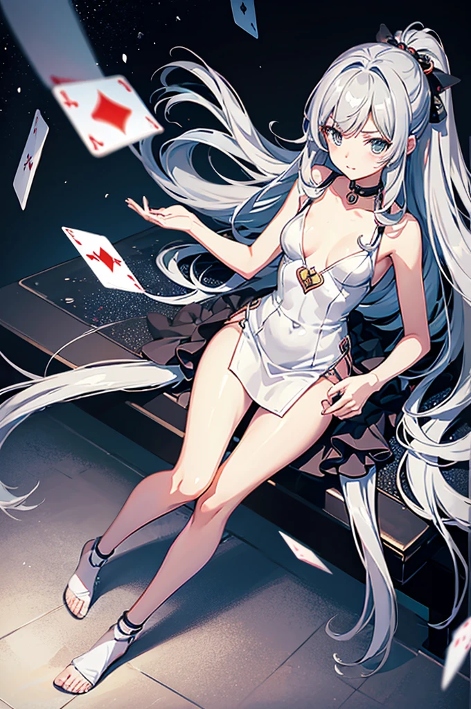 Anime-style illustrations, Highest quality, 4K, Girl 1, alone, Playing a card game, Delighted, acting cool, (Gray Hair, Long Hair, micro dress, one piece, Small breasts, The body is slim ), School, classroom,