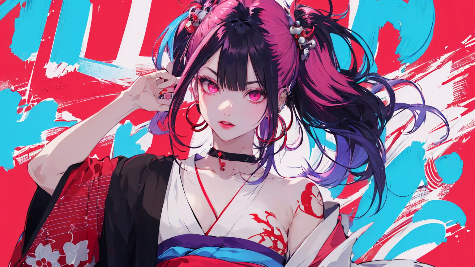 hair above one eye, Purple eyes, Clear Eyes, choker, Neon Shirt, torn legwear, open jacket、Blue pubic hair catches my eye,Bright red background、Red background, graffiti, Shineing grafiti, Shineing tattoos, Shine, Neon Light, Black light,Anime Style, movie portrait photography, 1 female, 22 years ago, Whole Body Ezbian,Big and ample breasts, anger, (Scarlet Hair), Long Hair, Purple eyes, wearing a short black dress, (Natural skin texture vivid details, Surreal, (Realistic eyes, Natural skin texture, Realistic facial details), Soft and dramatic lighting, Written boundary depth, Bokeh, vivid details, Surreal, 35mm movie, Absent-minded, movie,lipstick, ear piercing, eye shadow, Hoop Earrings, red pink lips, multicolored red eyes, Red background,Beautiful Eyes,Bold Pose、Strike a Pose,upper ponytail,drooping bangs,Droopy eyes、((kimono))、high school girl