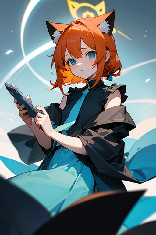 Blue Archive、Marie、Orange Hair、Soft shoulder-length hair、Light blue eyes、kind、clergyman、Sister、Cat ear、Yellow Halo、Black monastic uniform、Light blue tie、Full of Charity、