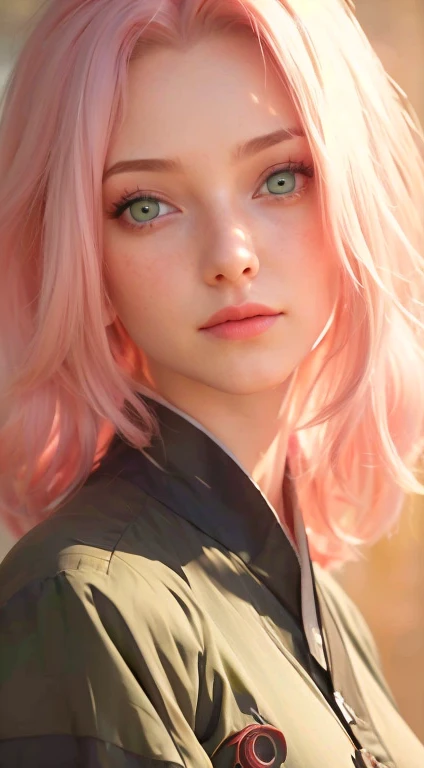 young woman pale skin, long bubblegum pink hair, pink eyebrows, big jade green eyes, buttoned nose, peach lips, small breasts, wide forehead, flower and butterfly kimono, Sakura Haruno, realistic, 3d
