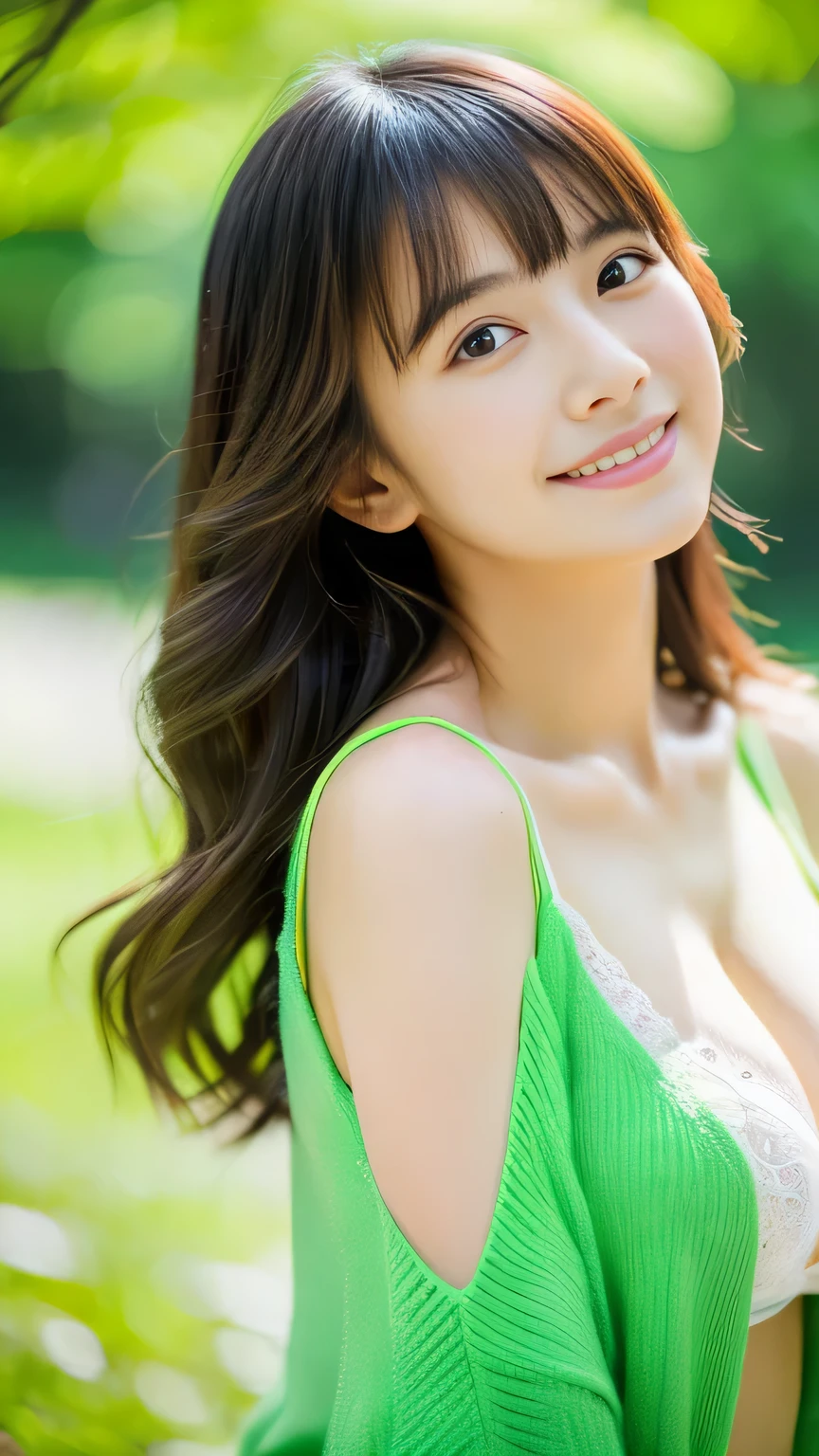 (Highest quality,8k,Overwhelmingly beautiful:1.2)、(Cute Japanese Girl:1.8、The perfect gravure idol),(Big Tits),With Dandelion、Green World、spring breeze、