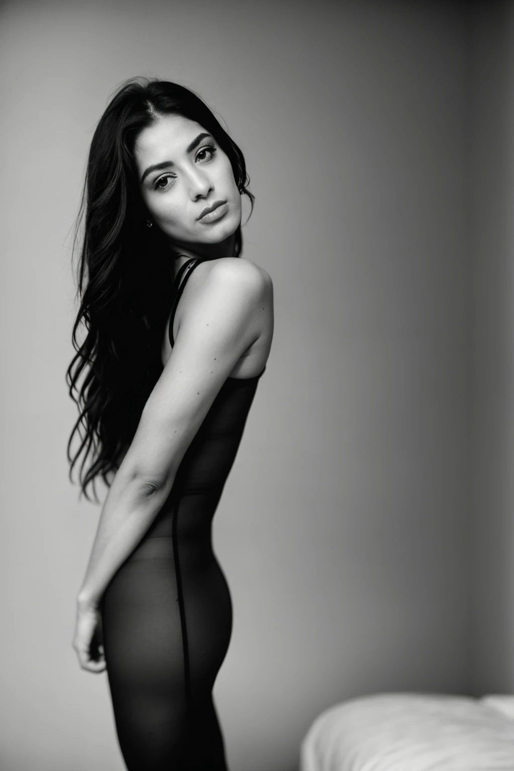 RAW photo,dark,moody,hazy atmosphere,35mm focal lenght,underexposed,cold,candid photograph,artistic,full body,photo of a beautiful,influencer,30yo Iranian woman,detailed skin,naked, looking away from viewer, thick body structure,grey background,no background, candid pose,dim room,blue light, film grain, kodak color, instagram LUT