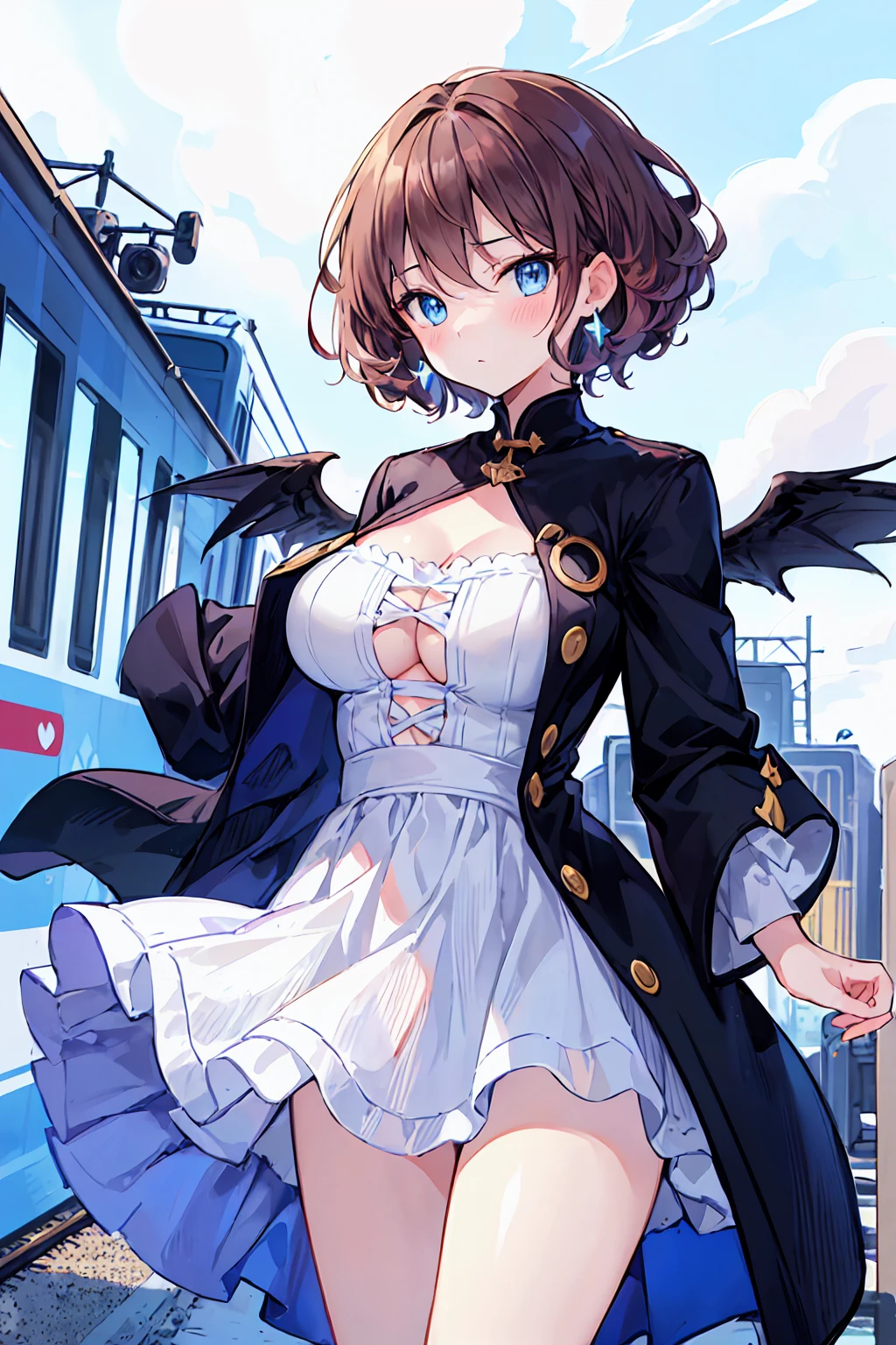 (Highest quality), (Very detailed), (Best illustrations), (masterpiece), (woman), High Contrast, {(Seraphim:1.2)}, (Large Breasts), {Brown Hair, (Sideburns), (Bobcut:1.3), Curly Hair, Hair between the eyes, Inner hair color}, {(Fine grain), blue eyes}, blush, Earrings, Wind, (train)