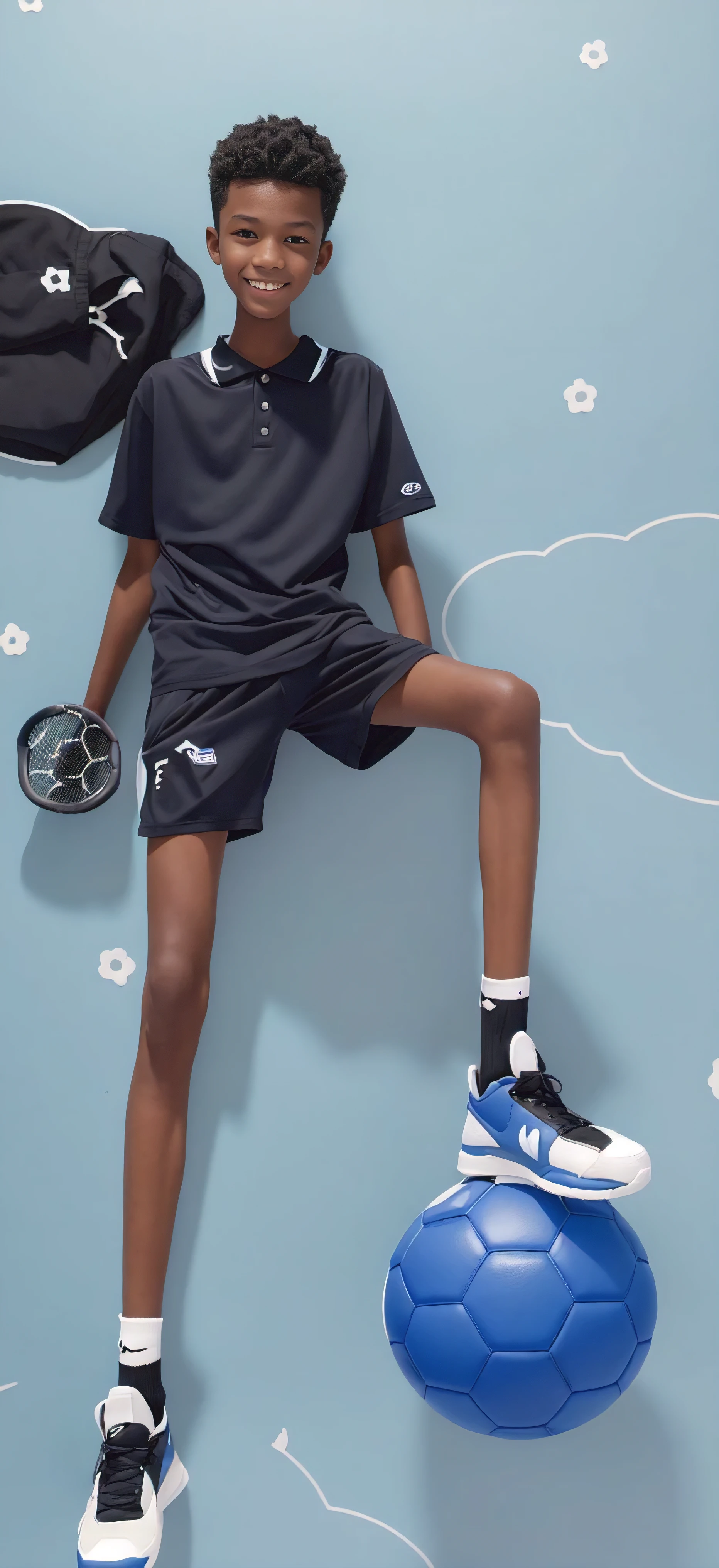 14 year old boy，（Wearing white tennis clothes，Black socks on feet），Dark skin，Big round eyes，Very short hair，Tall and skinny，Toothy Smile，Sharpen details，Knee muscle lines，Blue Background
