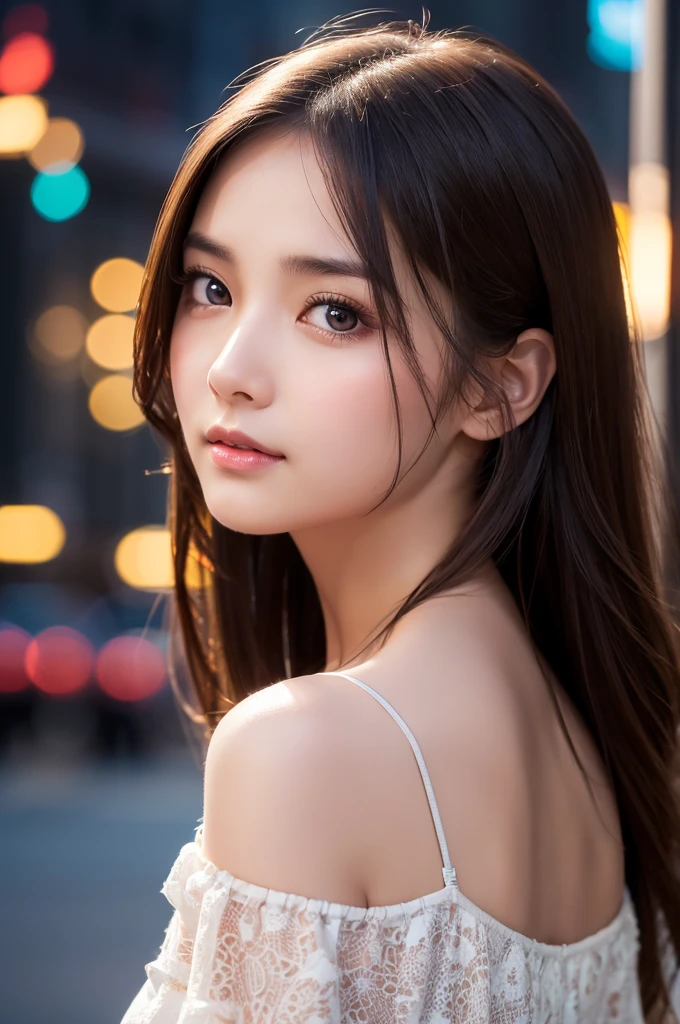 (skin scars:1.2), (skin dents), black eye, 1woman, 12 years old, (((woman))), alone, realistic, highest quality, photorealistic, masterpiece, 8K, High resolution, alone, highly detailed face, (professional lighting, Bokeh), (particles of light, Lens flare, glowing particles:0.6), (dynamic pose:1.2), soft lighting, Angle seen from above, Fashionable and trendy atmosphere, Japan, (street:1), Tokyo, (city), river, ((at night)), null, ((looking at the viewer:1)), (look at the camera),(portrait:0.6), cowboy shot, nice, walk, Maintain original face proportions, wide shoulders, whole body, (Medium chest), (long hair), brown hair, floating hair, lips, lipstick, seductive smile, floating hair, (smile), (Open_mouth), teeth, Eye Ring, ((full nude)), mole, (mole under eye:1),