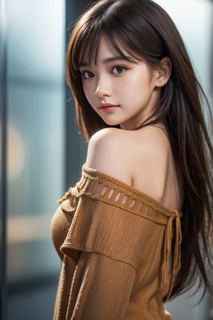 (1girl), sad expression, Amazing face and eyes, delicate, (Best Quality:1.4), (Ultra-detailed), (extremely detailed beautiful face), brown eyes, (highly detailed Beautiful face), (extremely detailed CG unified 8k wallpaper), Highly detailed, High-definition raw color photos, Professional Photography, Realistic portrait, evening, Extremely high resolution, smiling, modern, trendy, fashionable, starry sky, Backlit, (turn around, look back), looking at me, Expressionless, off-shoulder
