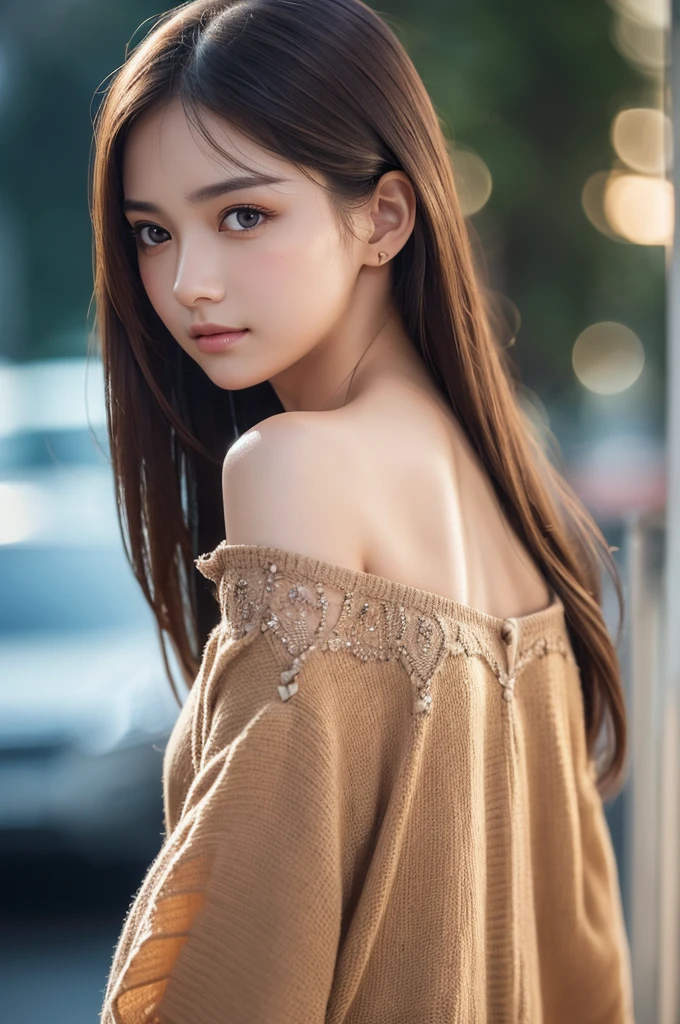 (1girl), sad expression, Amazing face and eyes, delicate, (Best Quality:1.4), (Ultra-detailed), (extremely detailed beautiful face), brown eyes, (highly detailed Beautiful face), (extremely detailed CG unified 8k wallpaper), Highly detailed, High-definition raw color photos, Professional Photography, Realistic portrait, evening, Extremely high resolution, smiling, modern, trendy, fashionable, starry sky, Backlit, (turn around, look back), looking at me, Expressionless, off-shoulder