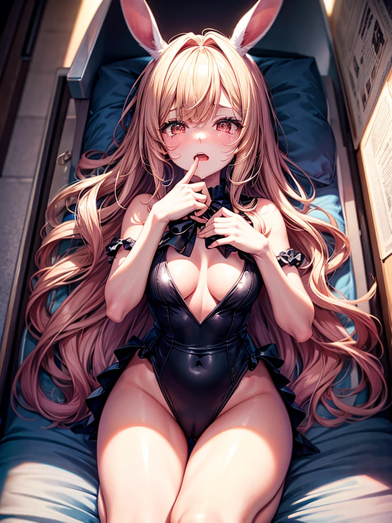 Highest quality,Highest Resolution,Bunny girl drooling and crying,Dark bedroom,whole body,