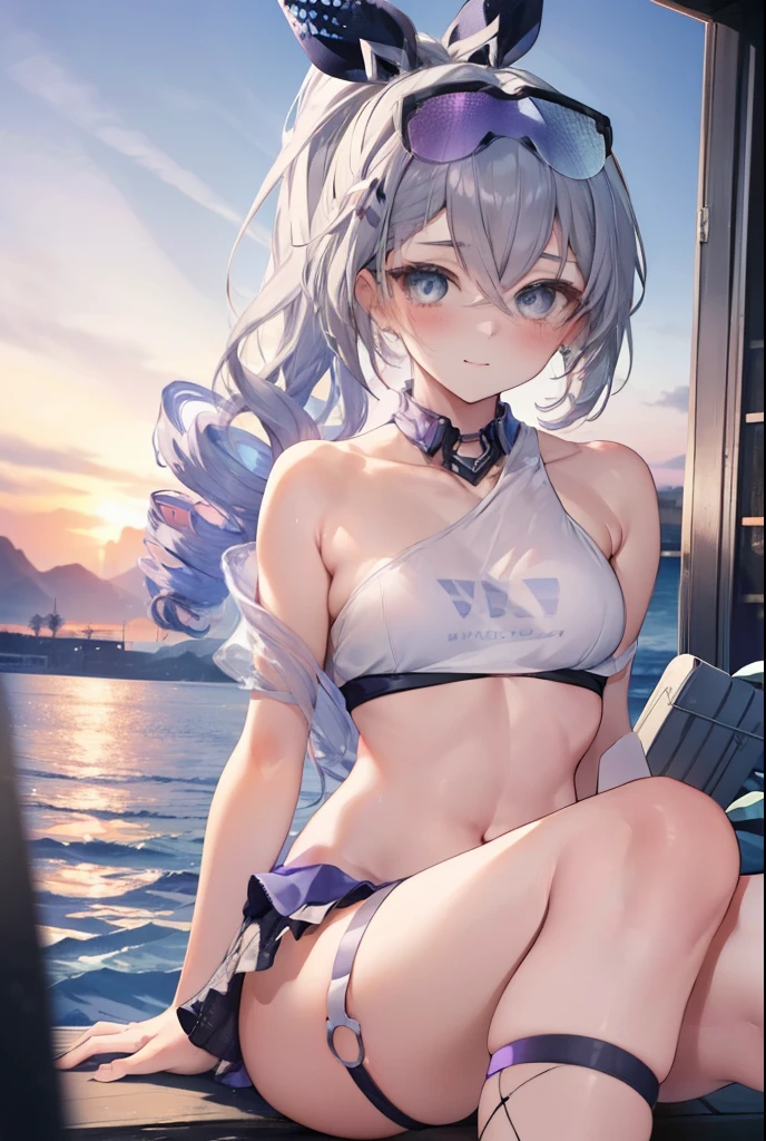 silverwolf、blush,smile、Sexy Bikini👙、Sea background、、The back is very small、Lolita、Small breasts、Show me your armpits、exterior: 14 years old、Shoulder Bicle is visible、Sexy thighs、Beautiful feet、Usual hairstyle、Highest quality, High resolution, unity 8k wallpaper, (shape:0.8), (Beautiful and beautiful eyes:1.6), Highly detailed face, Perfect lighting, Extremely detailed CG, (Perfect hands, Perfect Anatomy),