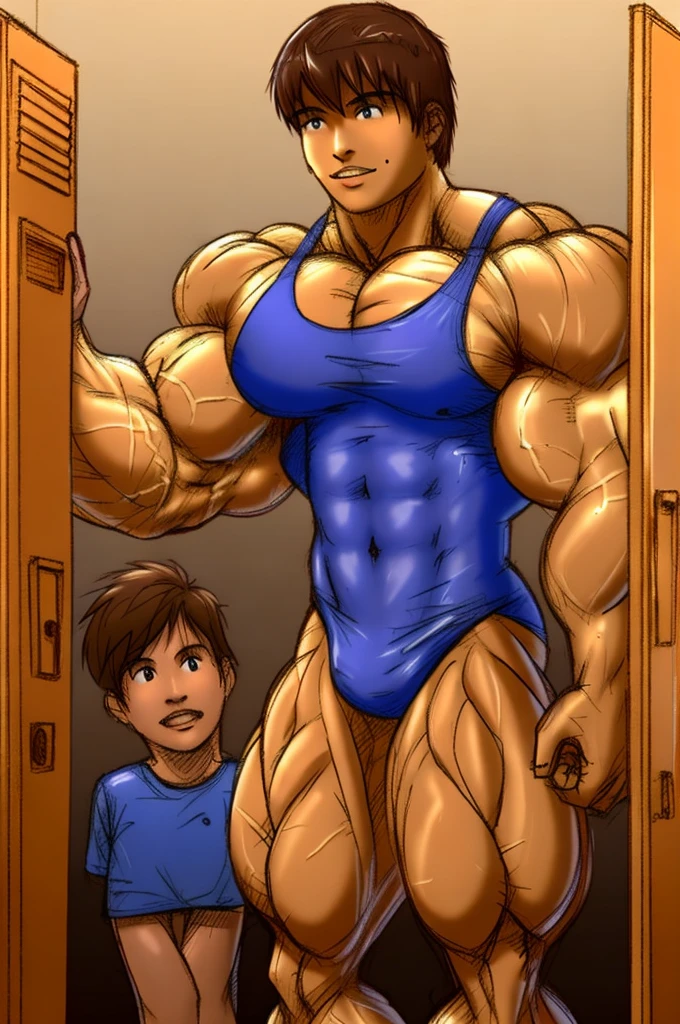 2 children,locker room,muscle size difference,male swimsuit,soft shading, mbbbbb