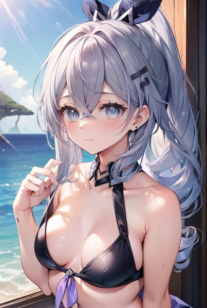 silverwolf、blush,smile、Sexy Bikini👙、Sea background、Primary school students、The back is very small、Lolita、Small breasts、Show me your armpits、exterior: 14 years old、Shoulder Bare、The clavicle is visible、Sexy thighs、Beautiful feet、Usual hairstyle、Highest quality, High resolution, unity 8k wallpaper, (shape:0.8), (Beautiful and beautiful eyes:1.6), Highly detailed face, Perfect lighting, Extremely detailed CG, (Perfect hands, Perfect Anatomy),