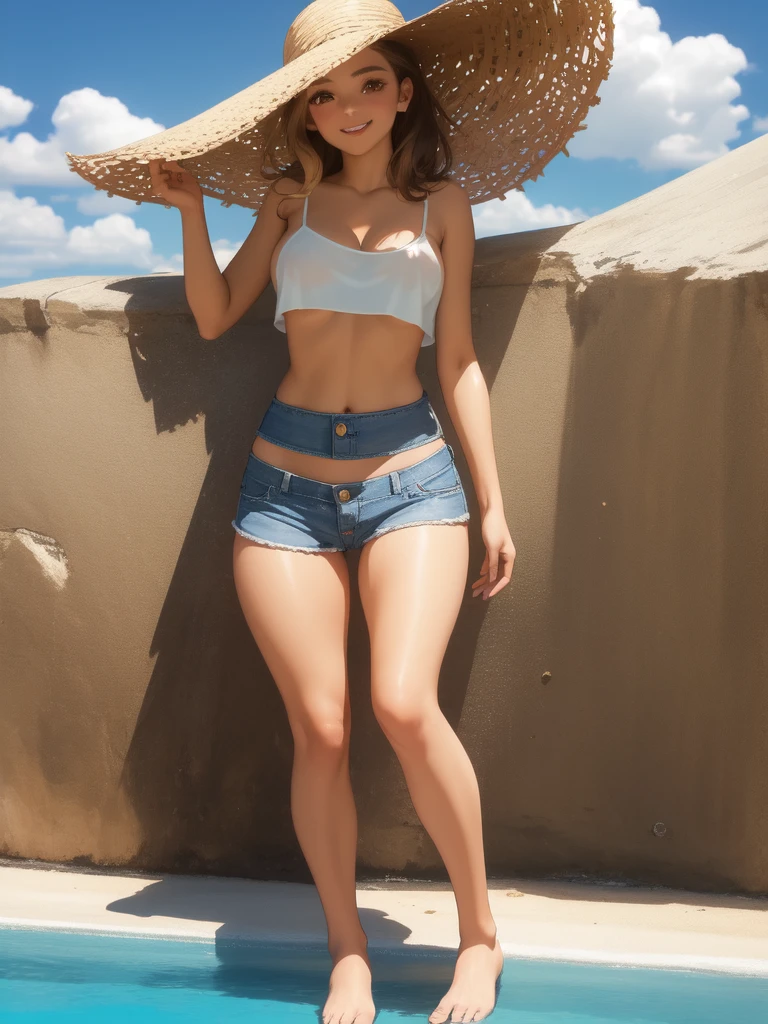 girl，（masterpiece，Highest quality），Street，(Brown Skin)，(Completely naked)，Bare shoulders、hat、Gal，Brown eyes、Blonde、smile、passionate、hat、Swimwear，long hair、(Underboob)，Big Breasts，Cleavage，Micro Camisole、looking at the camera、shoes、Micro Mini Denim Shorts，solo、Are standing、barefoot，Swimwear