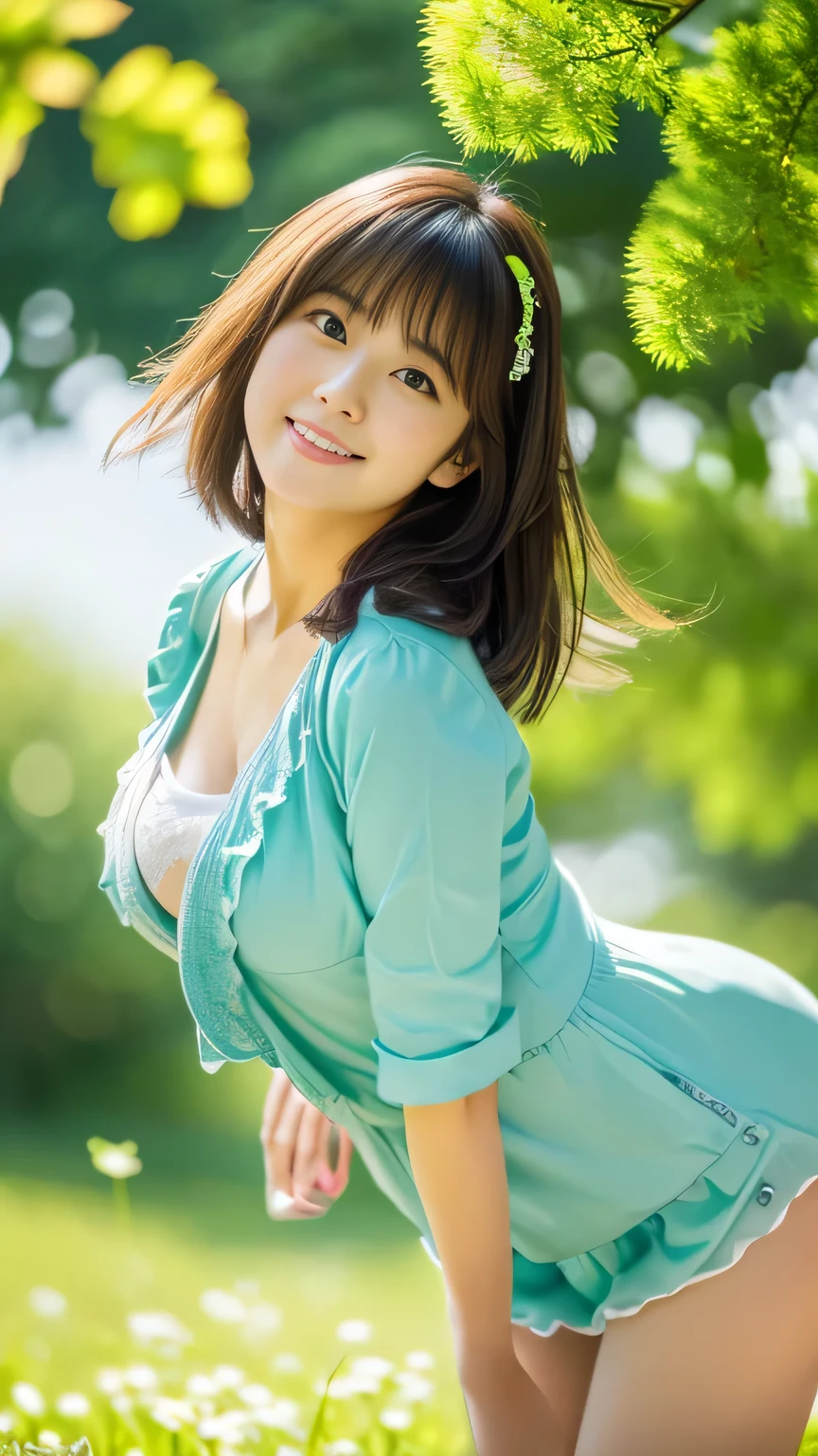 (Highest quality,8ｋ,Overwhelmingly beautiful:1.2)、(Cute Japanese Girl:1.8、The perfect gravure idol),(Big Tits),With Dandelion、Green World、spring breeze、