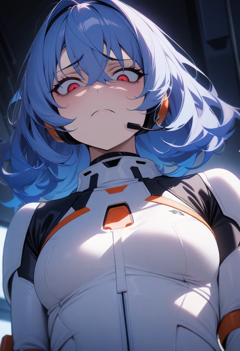 ​masterpiece, best quality, Very aesthetically pleasing, most absurd, latest,1 girl,upper body, from bottom, (contempt, disgust,shadowed face,Viewers look at,frown),white bodysuit,red eye,pilot suit,shorth hair,Blue hair,bangs,Headset interface,turtleneck,hair between the eyes