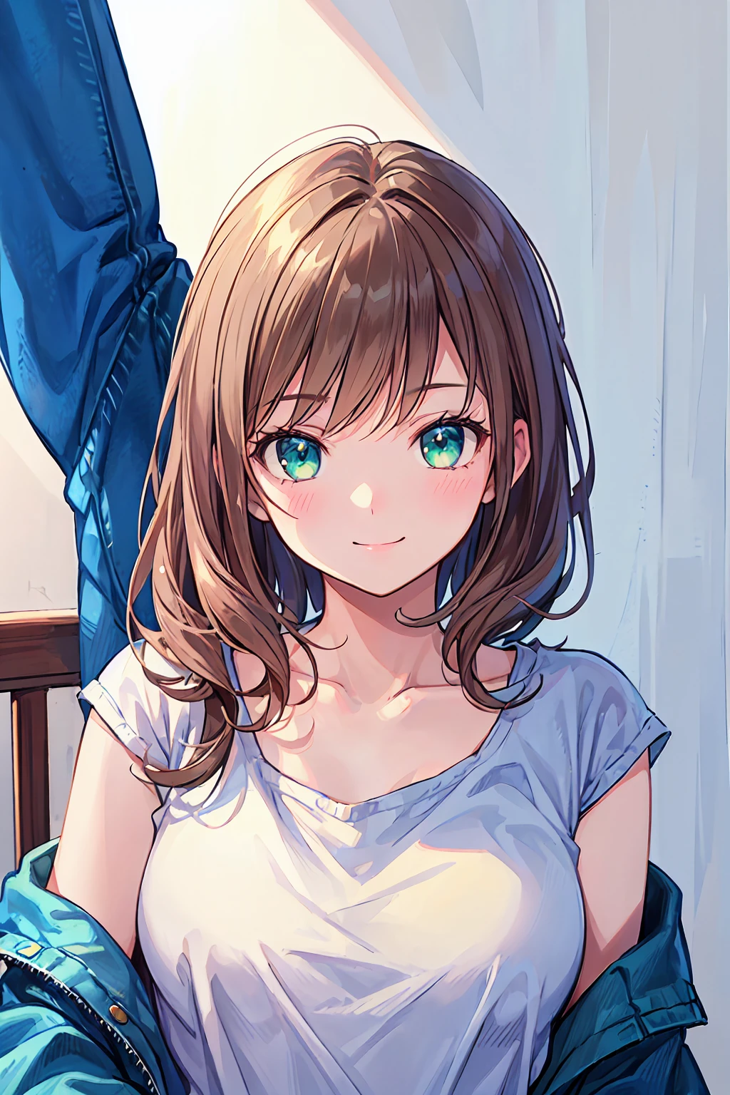 masterpiece, Highest quality, Very detailed), Portrait of an 18 year old woman with light brown hair, Green round eyes, Beige blouse and blue jeans、Smiling Blue Shorts、Read the Brown Book - Auto Ultra Realistic -