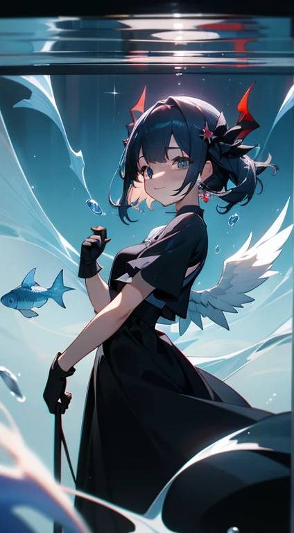 devil, Angel, 1girl in, Cute, Water, Smile, Asian, Face seen from the side, Fish, Orion, flowingwater, dutch_Angle, from bellow,ceiling,Looking at Viewer, Black_gloves, Elegant Full Dress,