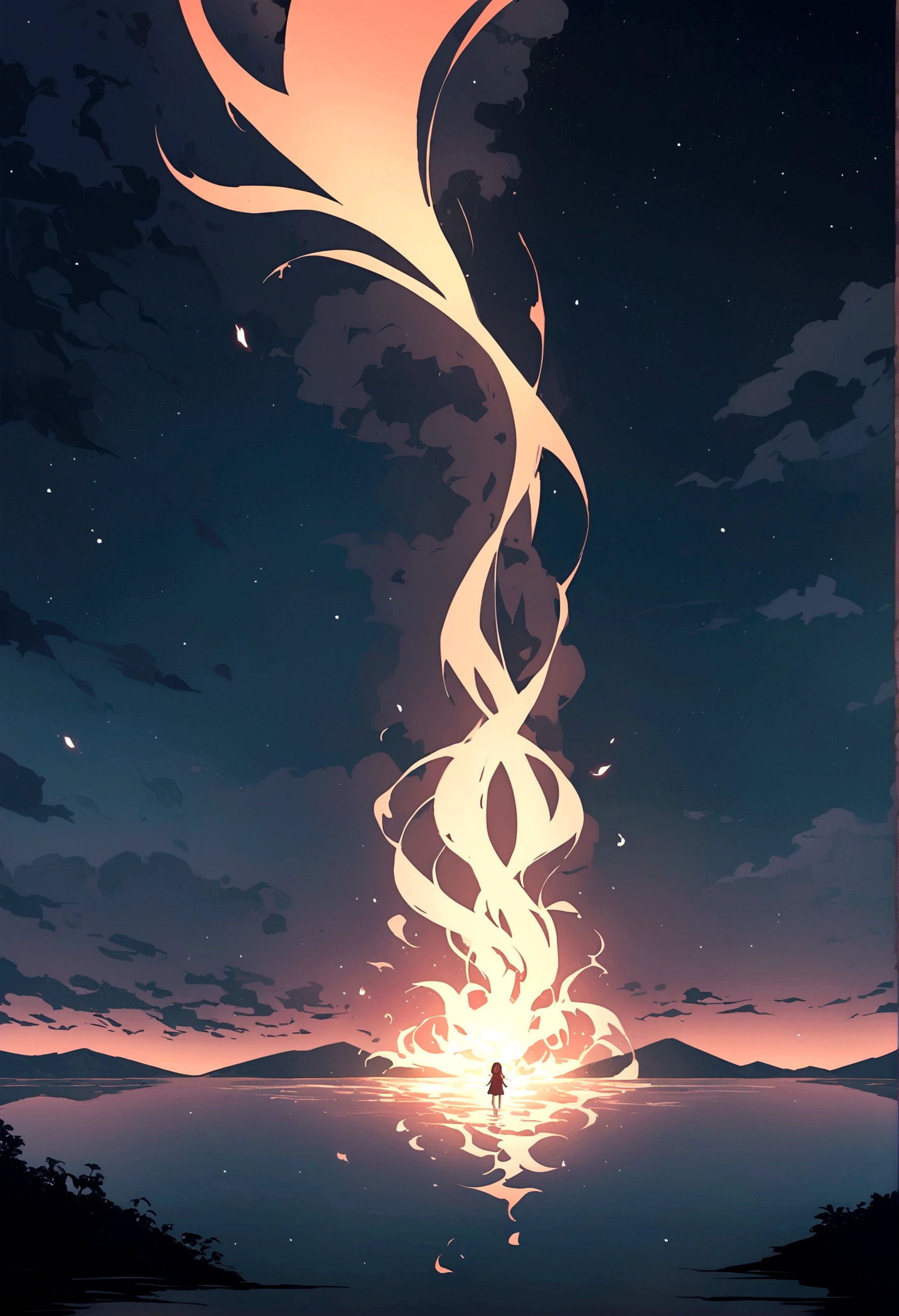 Japanese Yokai「Zong Xuanhuo(Sogenbi)」Please draw。Zong Xuanhuoは、A floating man's head wrapped in fire in the night sky is a monster flying over the surface of the river.、They often float through the sky emitting a mysterious light.。Its appearance is amorphous、Changes shape as the flame flickers。The background is set to a dark night sky and a quiet rural landscape.、Zong Xuanhuoが不気味に漂うシーンを描写してください。Create an overall mysterious and slightly scary atmosphere.。