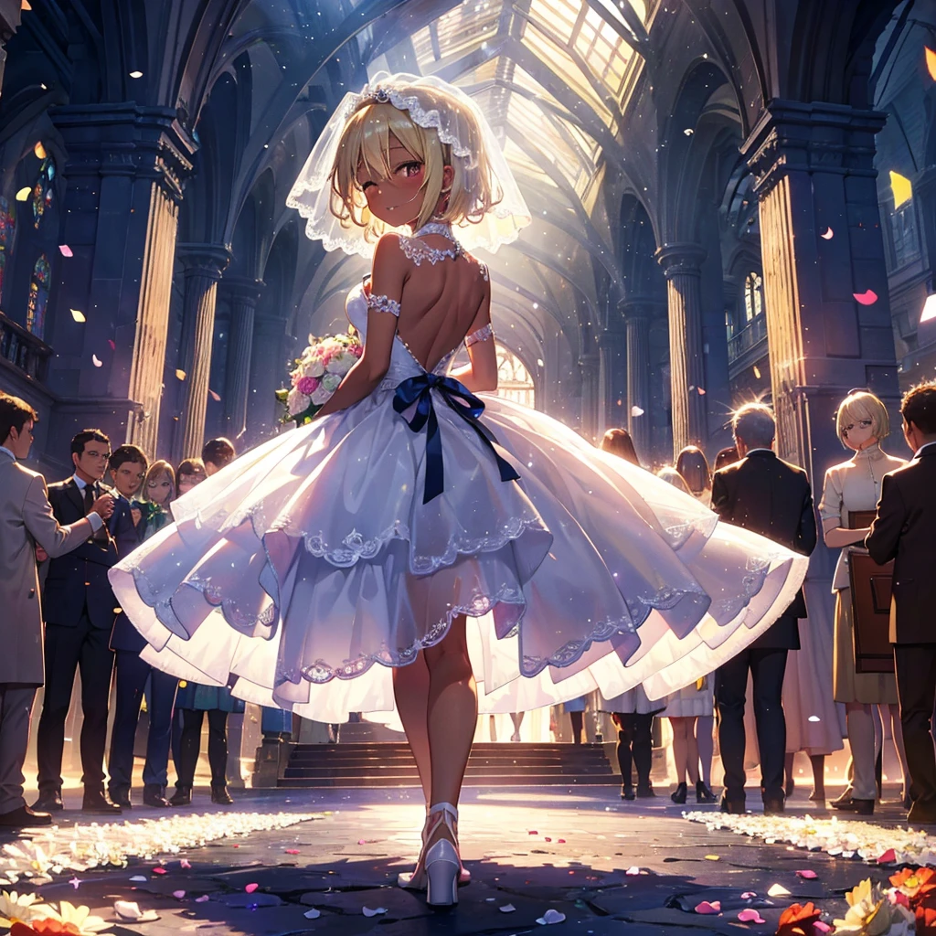 (Masterpiece, Top Quality) (Wedding), From behind, (Backshot: 1.2), Turning around, looking at the viewer,
A girl stands with a bouquet of flowers.
BREAK 5 years old, (Young: 1.8), Loli, Big breasts, (Blonde, (Short hair): 1.3), Red eyes, (Dark skin: 1.4), Heart necklace, (Tareme: 1.3),
Smile, (half-closed eyes: 1.1), rough breathing, open mouth,
BREAK wedding dress, (wedding veil: 1.2), short dress, backless dress, ruffle dress, (ruffle: 1.3), petticoat, bare feet,
high heels,
BREAK cathedral garden, sparkles, confetti, sunlight, (crowd:1.2), 