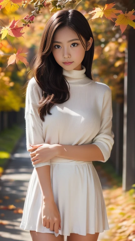 ((Best quality, 8K, Masterpiece:1.3, 1 girl, Beautiful girl)), Cute, Dynamism, Detailed face, Detailed skin, Detailed eyes, Detailed lips, Detailed fingers, Photorealistic, Raw photo, Natural lighting, dynamic pose, perfect anatomy, toned legs, round eyes, double eyelid, tear bags, moist lips, big breasts, yellow hair, ((white knit dress)), looking at viewer, detailed clothes, long dress, outdoor, trees, autumn leaves, sky, cloud, from below, (skirtlift, skirt tug), spreading legs, bangs, black panties, sweaty, peeing, masturbation, sheer