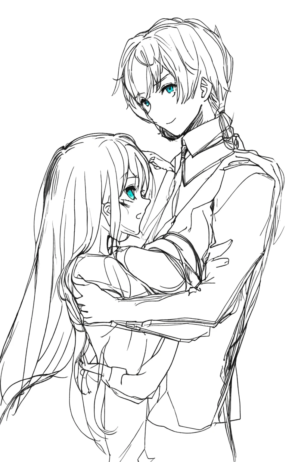 (masterpiece)(best quality)(1girl and 1boy),(1boy with ikemen and tall and long hair)(1girl with black hair and large breasts and very long hair and teal eyes and kawaii)school uniform, tie (class room)22s game style(couple)