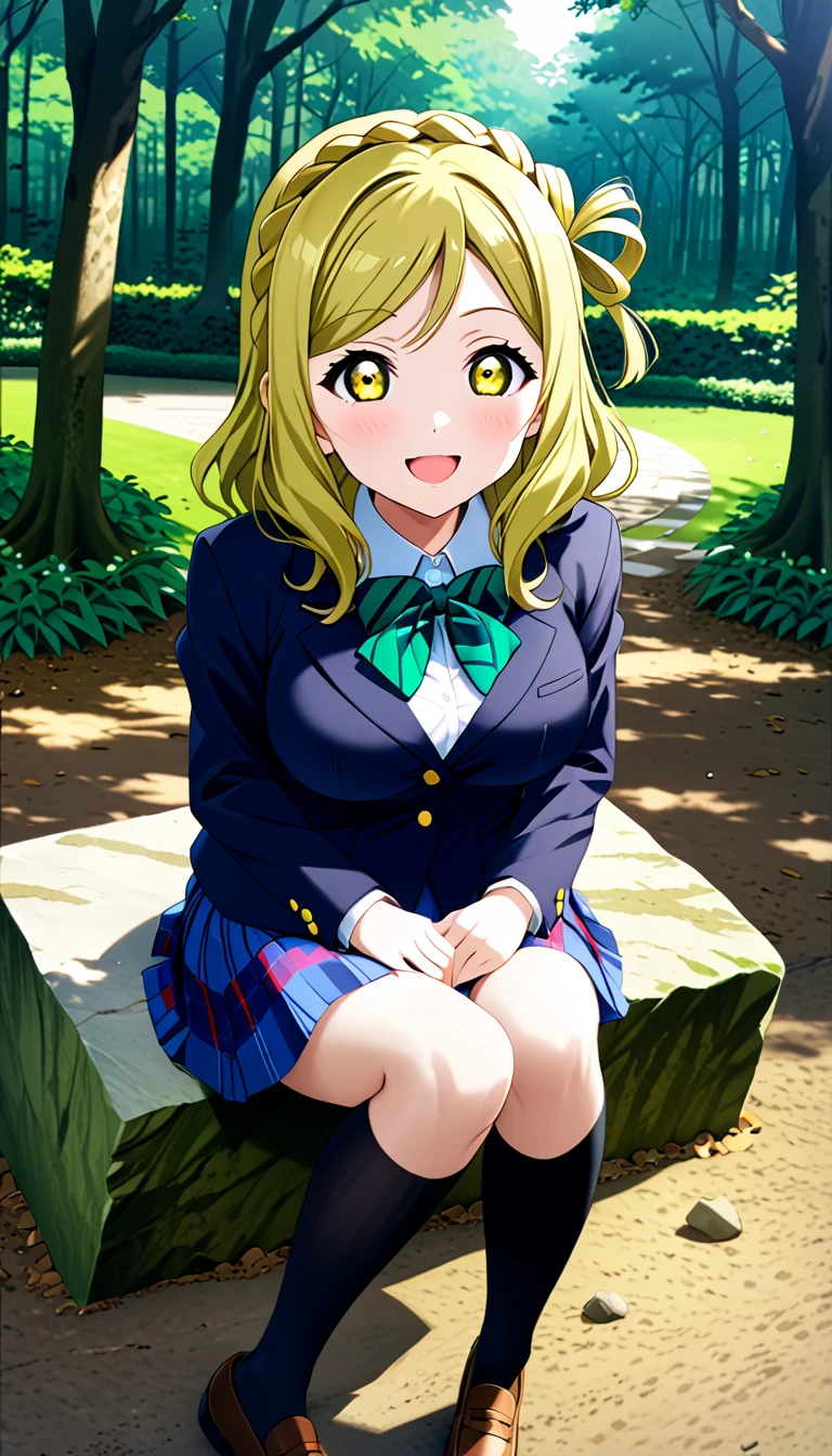 ohara mari, love live! sunshine!, hair rings, blonde hair, yellow eyes, crown braid, medium hair, large breasts , otonokizaka winter uniform, green striped bow tie, navy blue blazer, blue striped skirt,closed mouth, sitting on stone ,in forest park,from above :d, knee high socks, (1girl), (solo),BREAK score_9, score_8_up, score_7_up, score_6_up, source_anime 