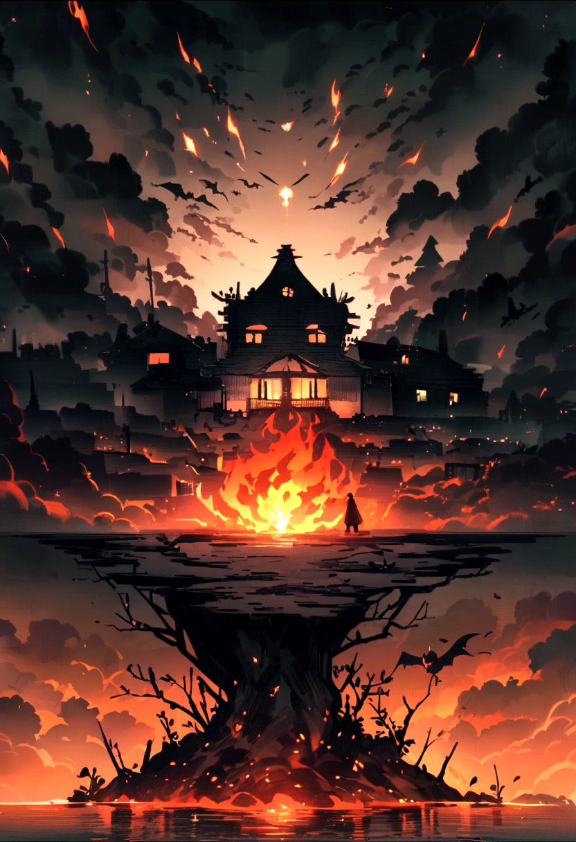 Japanese Yokai「Zong Xuanhuo(Sogenbi)」Please draw。Zong Xuanhuoは、A floating man's head wrapped in fire in the night sky is a monster flying over the surface of the river.、They often float through the sky emitting a mysterious light.。Its appearance is amorphous、Changes shape as the flame flickers。The background is set to a dark night sky and a quiet rural landscape.、Zong Xuanhuoが不気味に漂うシーンを描写してください。Create an overall mysterious and slightly scary atmosphere.。