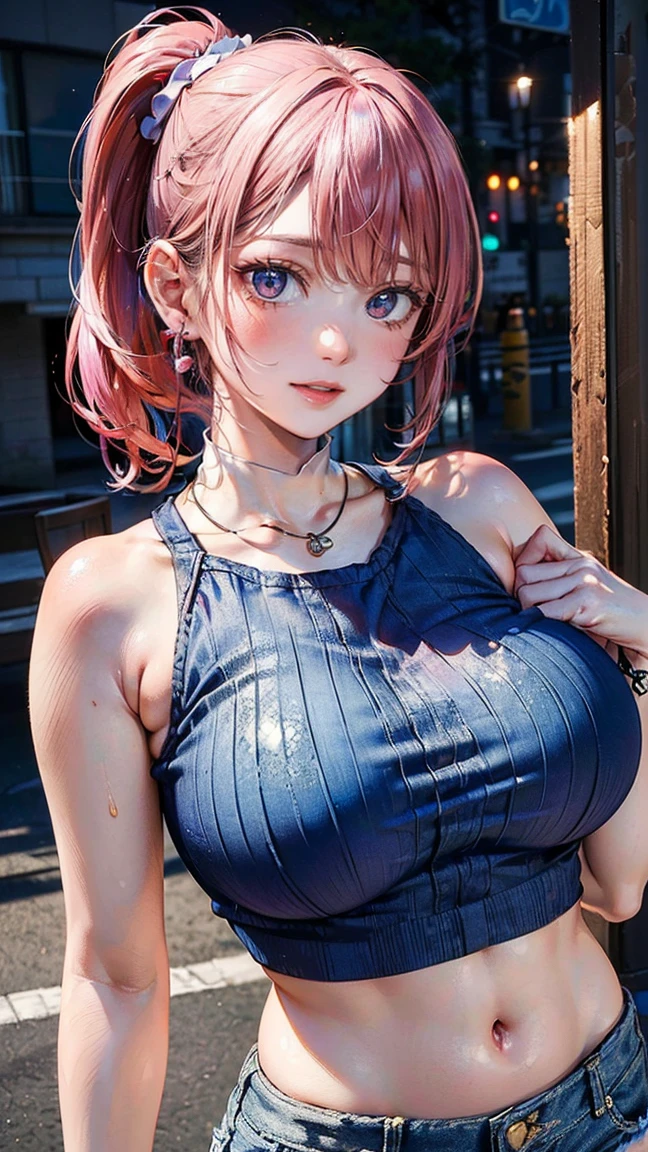 (Masterpiece, BestQuality:1.3), (ultra detailed:1.2), (hyperrealistic:1.3), (RAW photo:1.2), High detail RAW color photo, professional photograph, (Photorealistic:1.4), (realistic:1.4), professional lighting, perfect ???????, (???????????:1.2), (blush, detailed face), (A happy smile:1.7), Trending Hair&Trending Hairカラーをランダムに, earrings, necklace, bracelet, sexly, ?????? sexly, Random ???? gravure poses, (A woman wearing a blue crop top and denim shorts、ビーチでカメラに向かってA happy smileでセクシーなポーズをとっている。Pink hair ponytail swinging。:1.3)