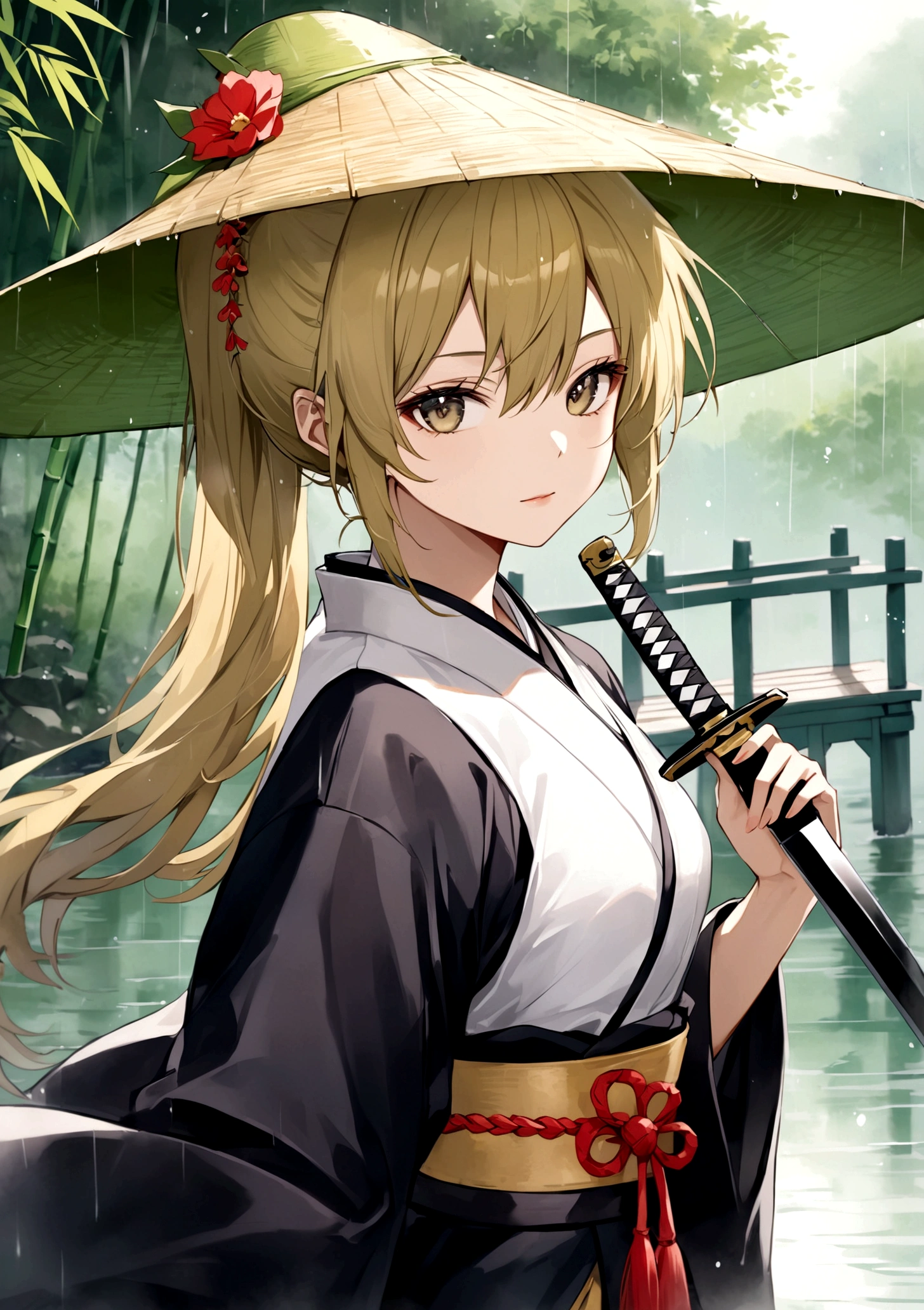 High ponytail girl,bamboo hat,Taiji Sword,Lake Pavilion,Misty Rain,Green,Ink Painting,Xiada style,Depth of Field,high quality