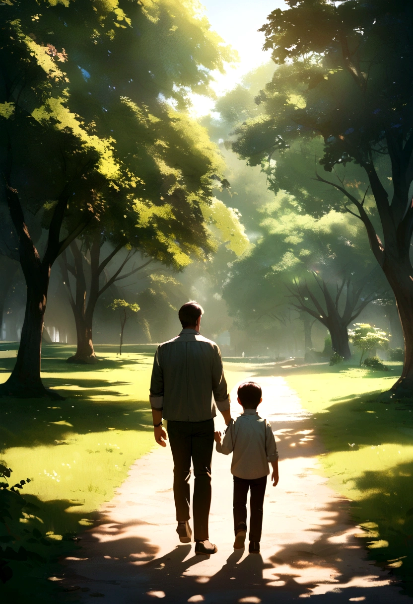 dad and son walk in the park
