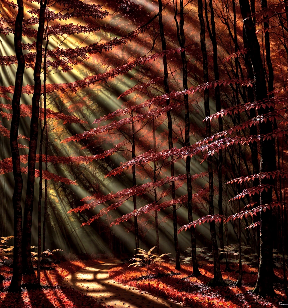 a lush, dense red-tinted forest, autumn foliage, sunlight filtering through the trees, a mystical atmosphere, highly detailed, intricate textures, photorealistic, vivid colors, warm lighting, enchanted forest, fantasy landscape, moody, cinematic