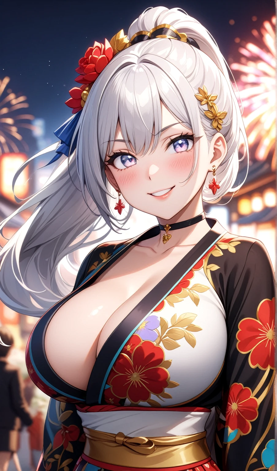 (One personの女性)), Beautiful Face, (Laughing embarrassedly), ((smirk)), ((Wink:1.8)), Laugh with your mouth wide open,((Bright red cheeks:1.4)),Shiny red lips, night,rooftop,Festivals, firework,Glossy pink lips,Facial lighting,((Anime style background)),masterpiece, Highest quality, so beautiful,up to date, Complex details, (double peace), (Pink long nails), (ring),(bracelet),(choker),AI-generated, Complex,High resolution, Highest quality, super high quality,3D Images、3D Images,One person,Long white hair in a side high ponytail,(blue eyes), ((Fine grain、Silvery white colorful eyes、Shining Eyes:1.43), (Squint your eyes:1.1), Anime woman posing for a photo, a hyperRealistic , hyperRealistic , Realistic,Anime woman with long white hair, Smooth anime CG art, A woman in a colorful kimono with gold embroidery, (Black long sleeve kimono), Red floral pattern,Long flower hair ornament,Earrings,Mature Body,(Big Breasts:1.1),Tall,Abdominal muscles,Narrow waist,(Zoom in on face:1.2), (front view),