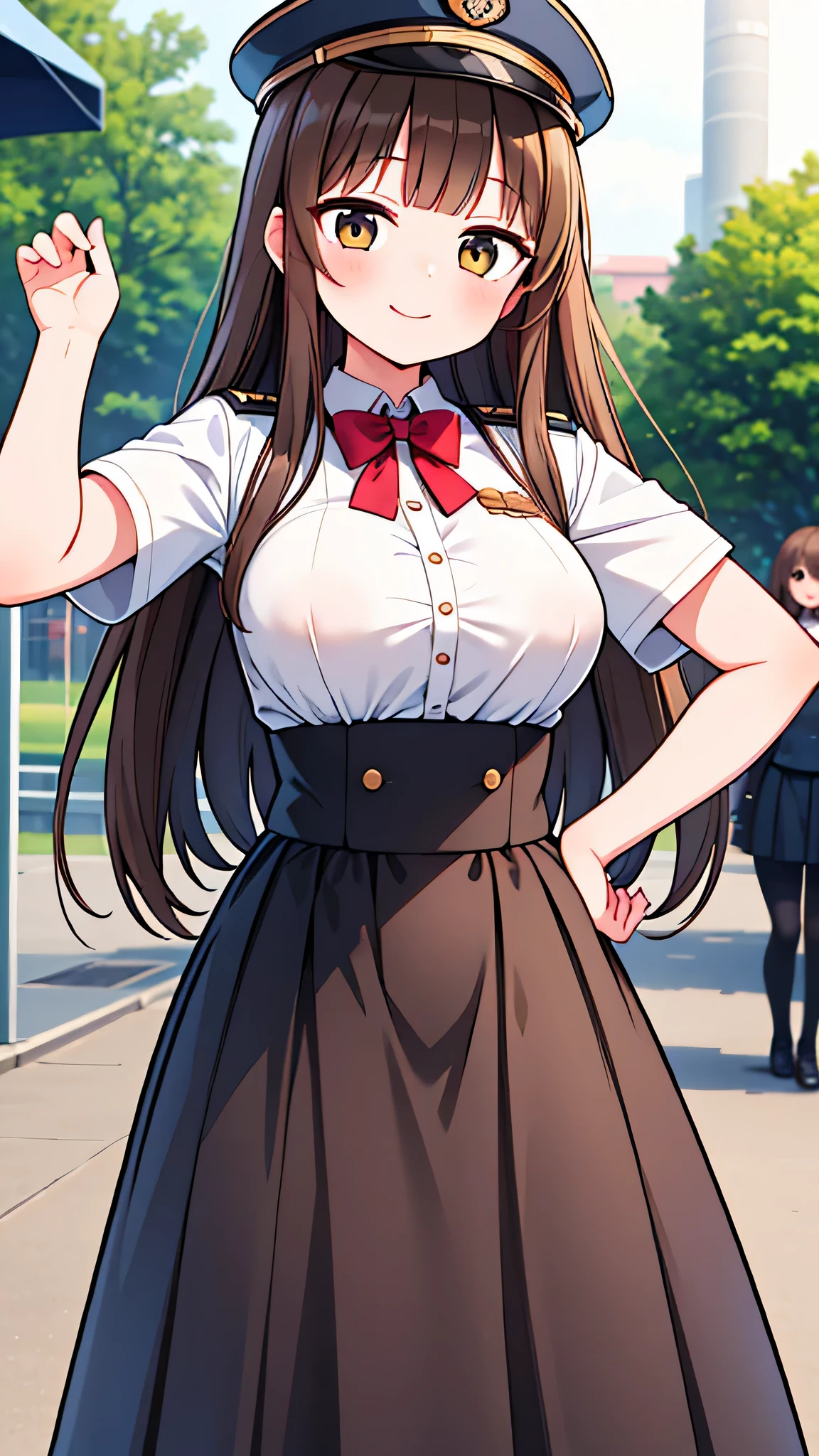 {Highest quality], [Super beautiful], [Ultra fine], [Best illustration], NSFW,Brown Hair, Hime cut, Long Hair, With bangs, girl, Uniform cap,Security uniform, smile, blush, Slender women,Short sleeve,Long straight skirt, Adult women,(Public）Night Park, Strike a Pose,Woman Close-up