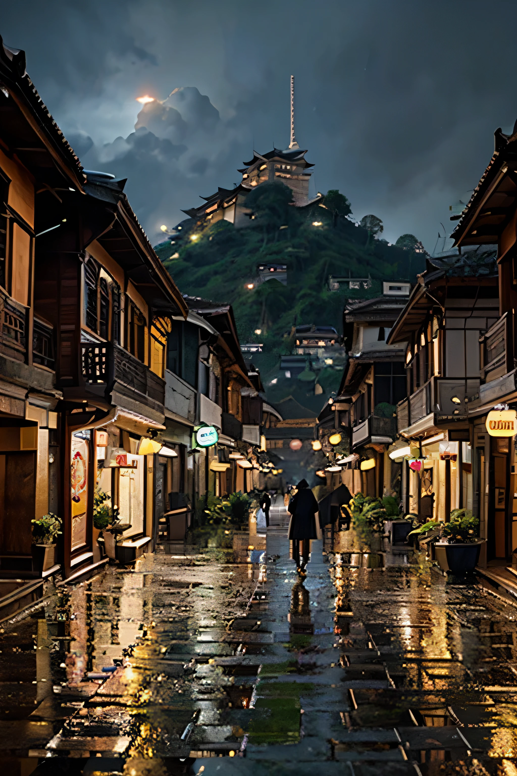 arafed view of a village with a lot of lights on the buildings, dreamy malay town, malay village, amazing wallpaper, malay town, malay village, hyper realistic photo of a town, old asian village, malay city, by Raymond Han, rainy evening, cyberpunk chinese ancient castle, beautifully lit buildings, at evening during rain, beautiful and aesthetic, photography, cinematic, 8k, high detailed ((Heavy rain)))