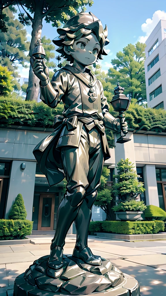 一个男孩的黄金statue旁边停着一只燕子。王子的黄金statue,Prince style,Prince costume,Court dress,黄金statue,男孩的黄金statue,带着黄金冠冕的黄金statue,脚边停着一只燕子的黄金statue,男孩statue,statue,Cute boy,British style,Victorian style,crown,crown,Golden Boy Sculpture,金色男孩statue,statue,statue,巨大statue,巨大statue,Outdoor Background,微笑的statue