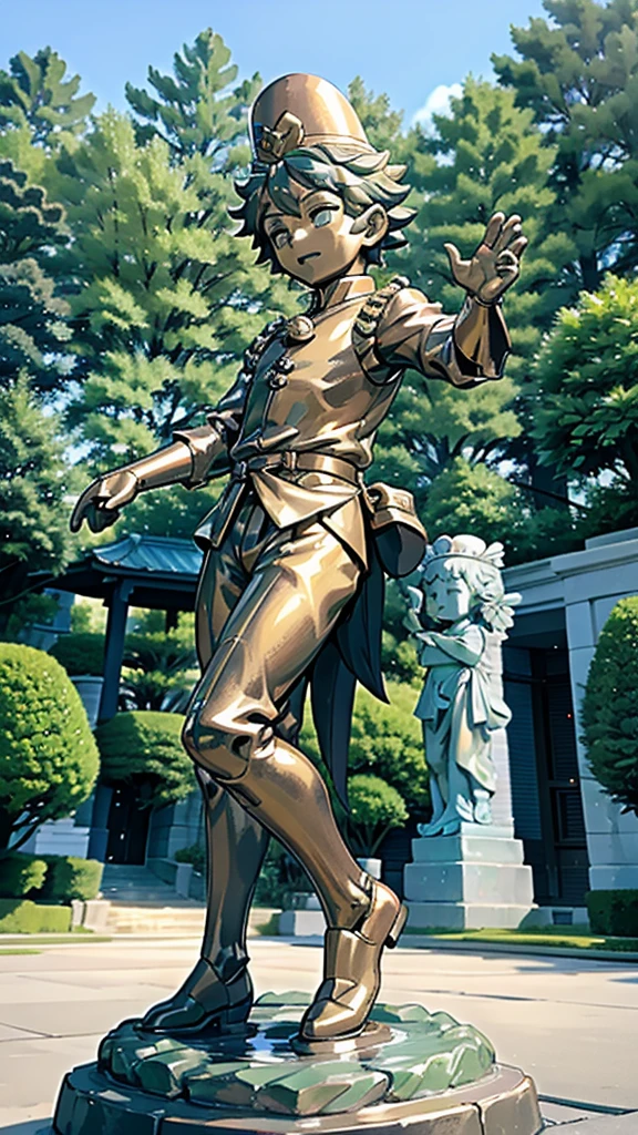一个男孩的黄金statue旁边停着一只燕子。王子的黄金statue，Prince style，Prince costume，Court dress，黄金statue，男孩的黄金statue，带着黄金冠冕的黄金statue，脚边停着一只燕子的黄金statue，男孩statue，statue，Cute boy，British style，Victorian style，crown，crown，Golden Boy Sculpture，金色男孩statue，statue，statue，巨大statue，巨大statue，Outdoor Background，微笑的statue