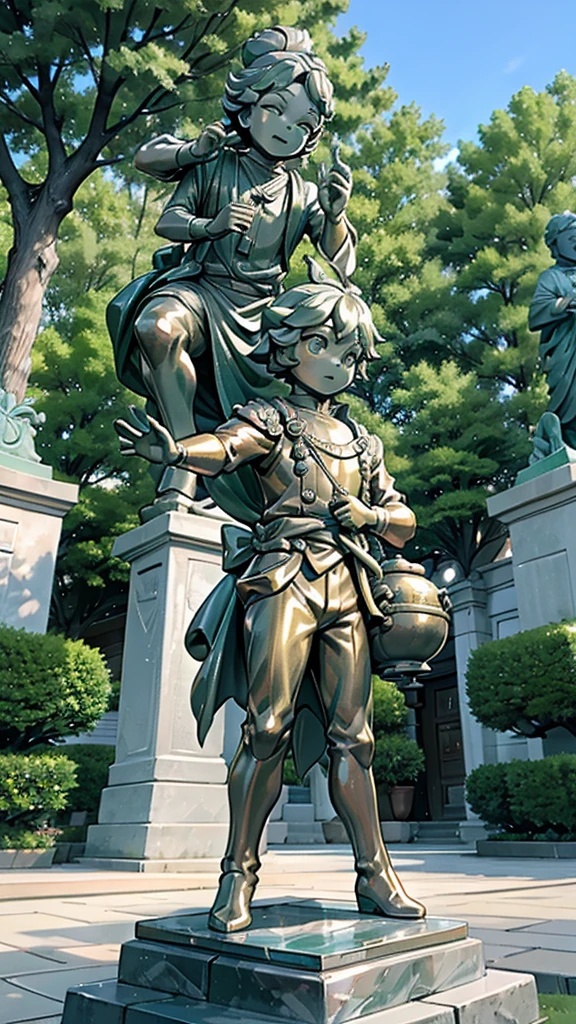 一个男孩的黄金statue旁边停着一只燕子。王子的黄金statue,Prince style,Prince costume,Court dress,黄金statue,男孩的黄金statue,带着黄金冠冕的黄金statue,脚边停着一只燕子的黄金statue,男孩statue,statue,Cute boy,British style,Victorian style,crown,crown,Golden Boy Sculpture,金色男孩statue,statue,statue,巨大statue,巨大statue,Outdoor Background,微笑的statue