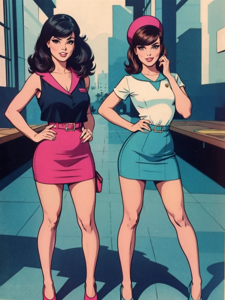 two fashionable young women posing for a picture, retro 60s girls fashion