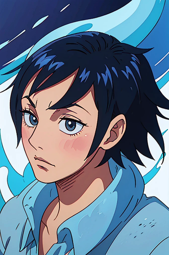 best quality ,ultra detailed, realistic :1.37 , side view portrait of boy having cool vibes abstract background ,blue[background],anime comic verison, nft make all [photo ] same