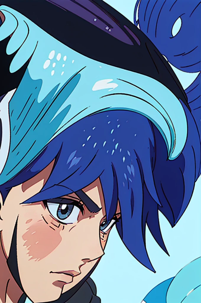 best quality ,ultra detailed, realistic :1.37 , side view portrait of boy having cool vibes abstract background ,blue[background],anime comic verison, nft make all [photo ] same