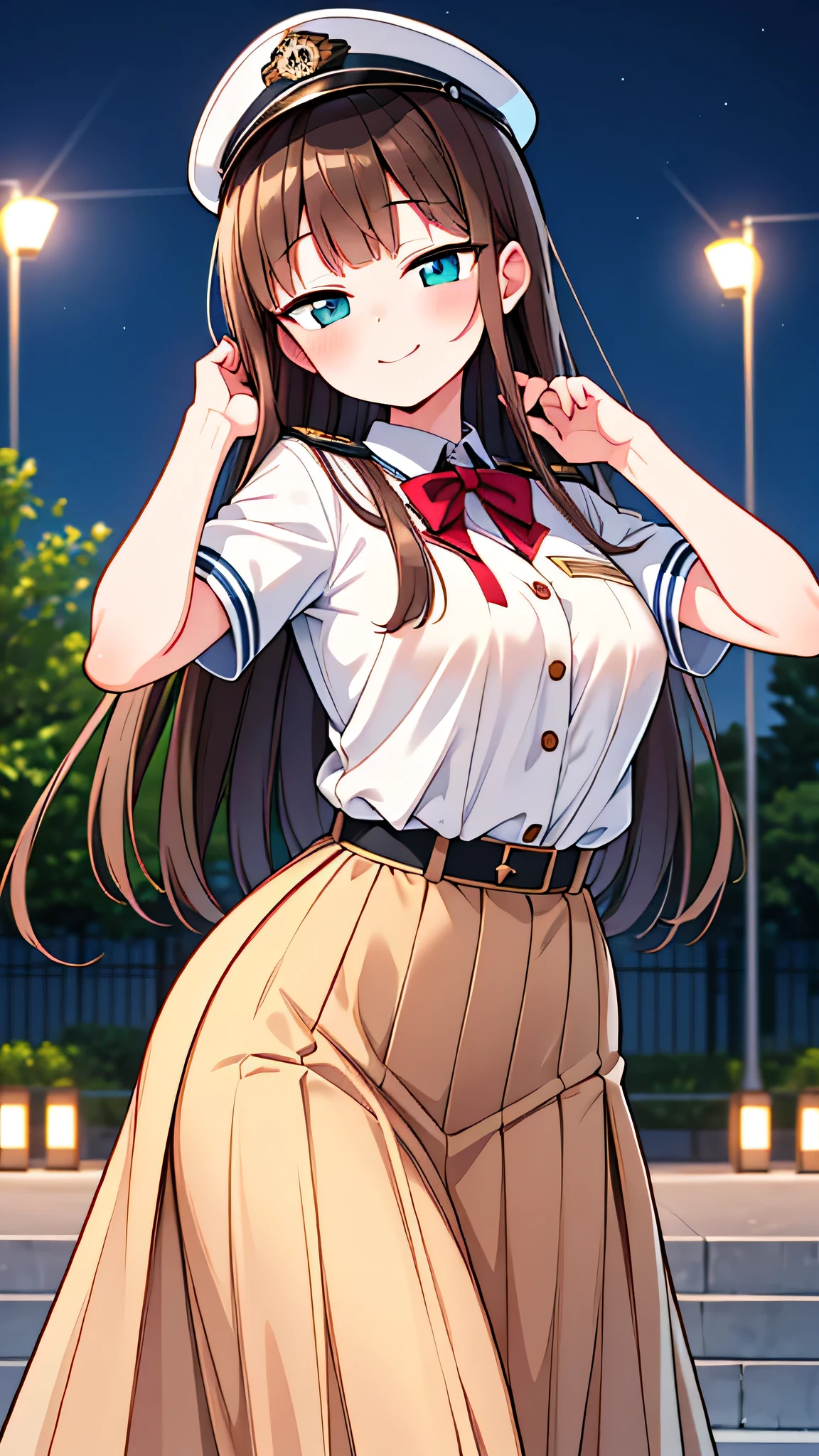 {Highest quality], [Super beautiful], [Ultra fine], [Best illustration], NSFW,Brown Hair, Hime cut, Long Hair, With bangs, girl, Uniform cap,Security uniform, smile, blush, Slender women,Short sleeve,Long straight skirt, Adult women,(Public）Night Park, Strike a Pose,Woman Close-up
