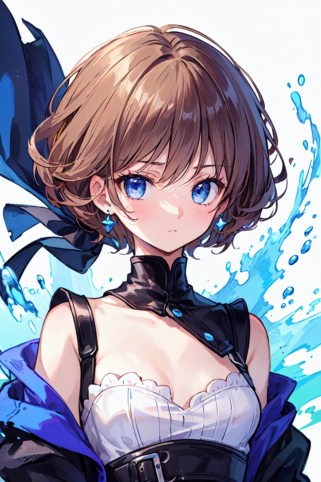 (Highest quality), (Very detailed), (Best illustrations), (masterpiece), (woman), High Contrast, (Small breasts), {Brown Hair, (Bobcut:1.3), Curly Hair, Hair between the eyes, Inner hair color}, {(Fine grain), blue eyes}, blush, Earrings, Wind